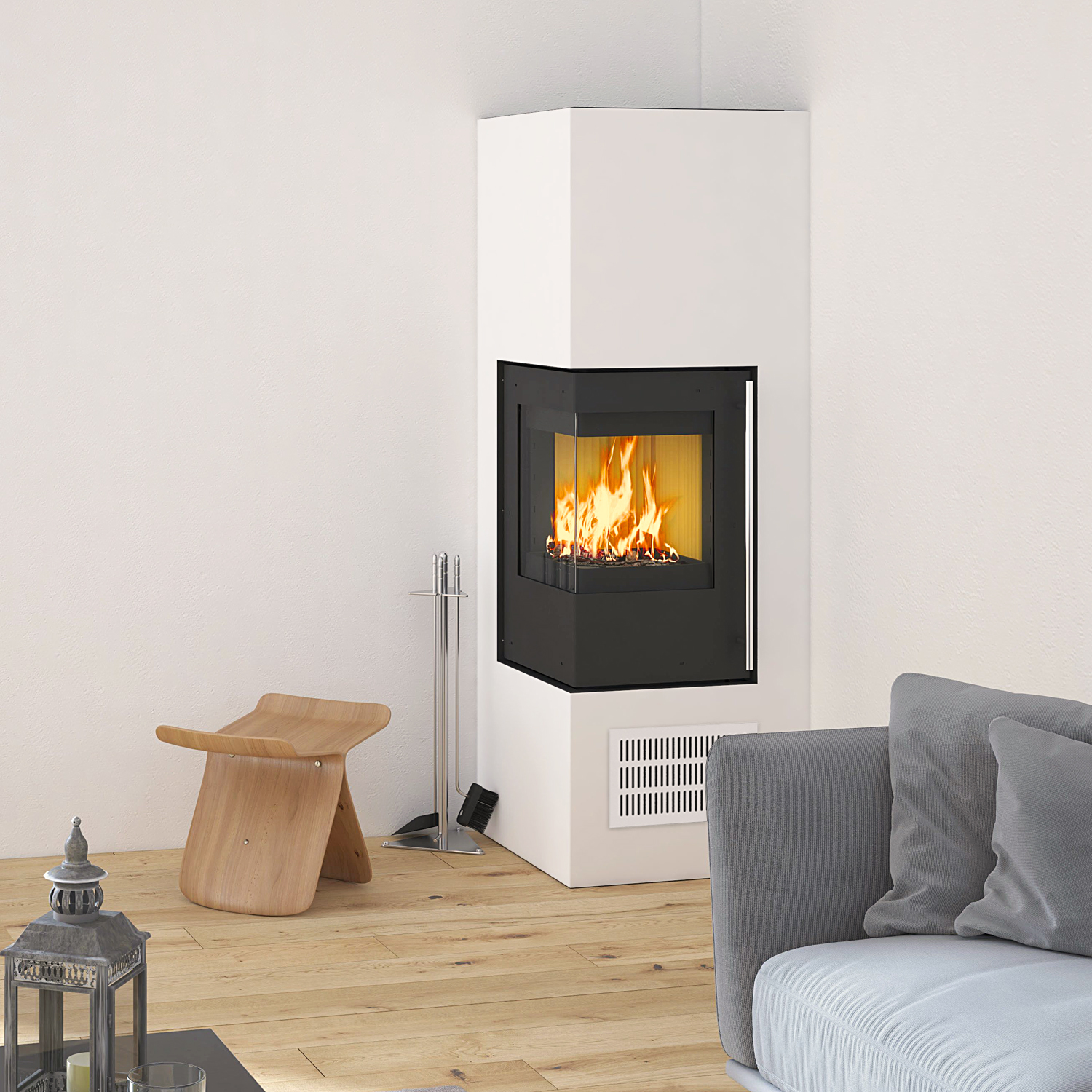 Olsberg Aracar Compact poêle à bois, ouverture de porte à gauche, cadre de finition 3 mm, grille d'entrée d'air en acier blanc