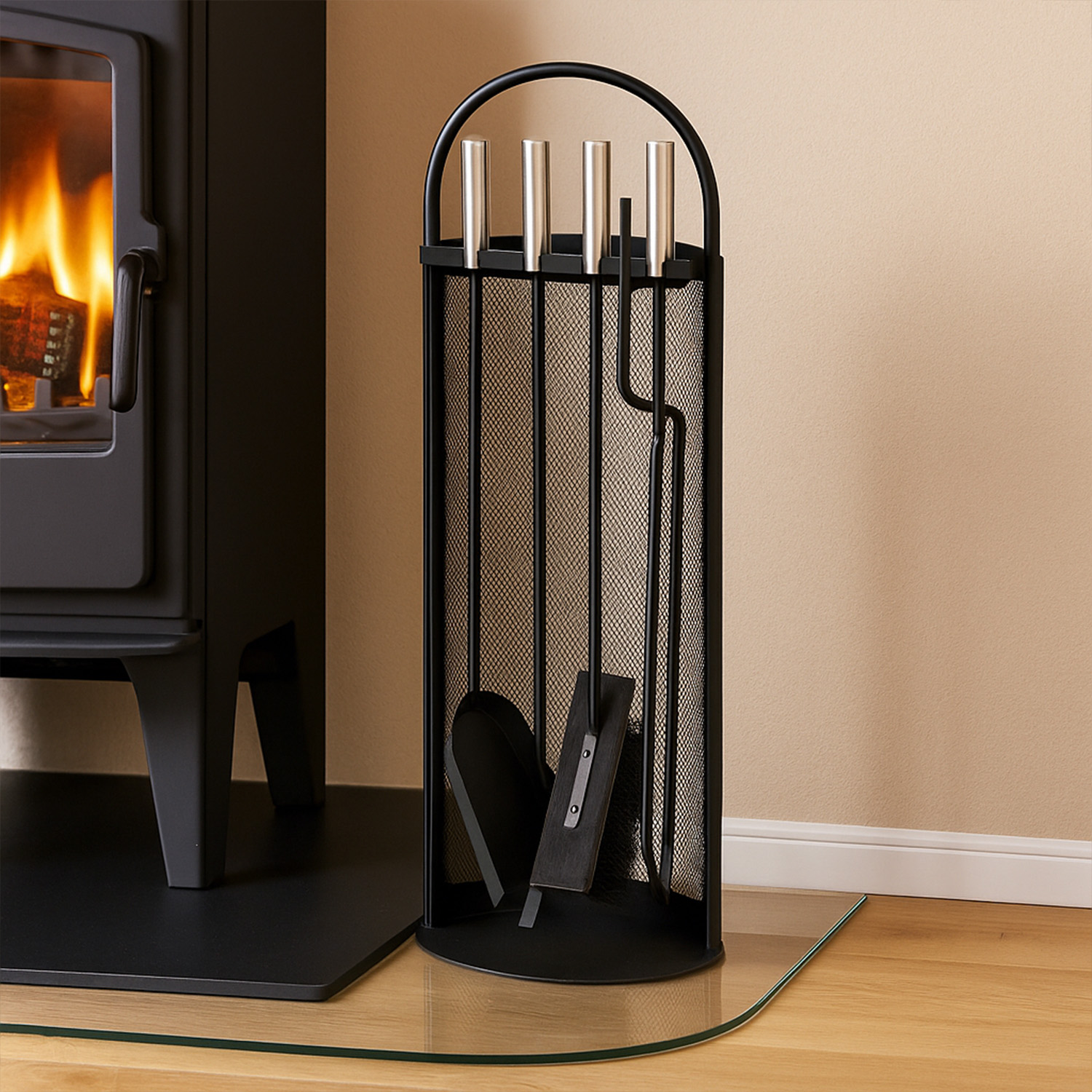 Ensemble d'accessoires de cheminée Albert, 4 pièces, noir, poignées en acier inoxydable, 66 cm