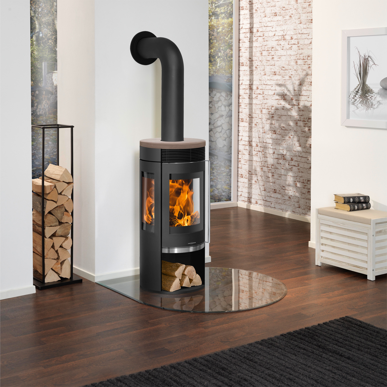 Oranier Rota TRE 2.0 Poêle à bois en acier noir avec plaque de recouvrement en céramique Grappa
