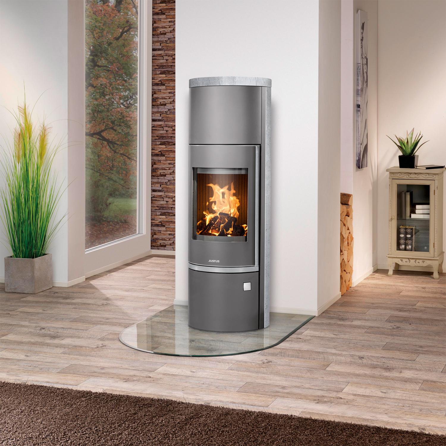 Justus Faro W+ 2.0 Poêle à bois en acier gris fonte avec revêtement en stéatite.