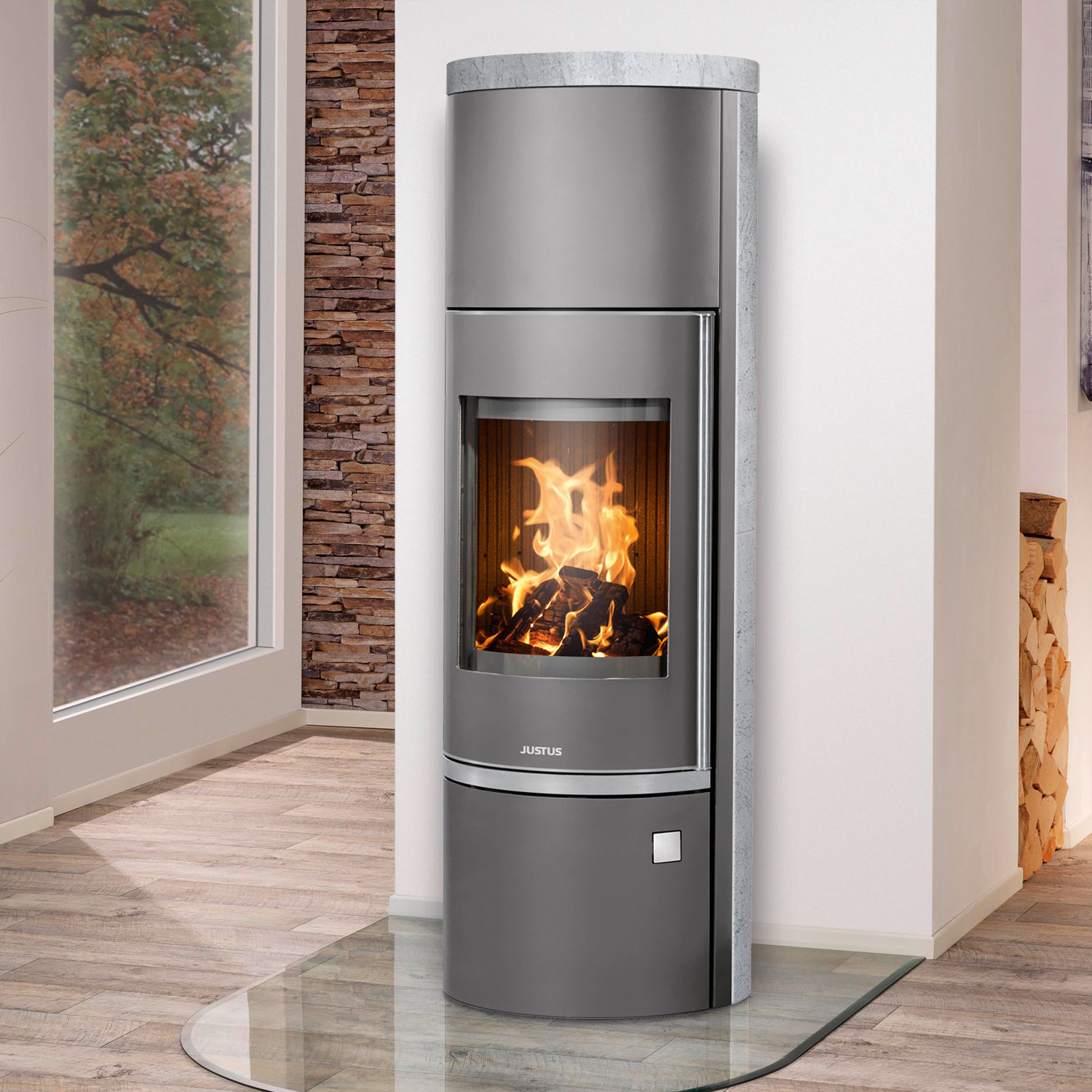 Justus Faro W+ 2.0 Poêle à bois en acier gris fonte avec revêtement en stéatite.