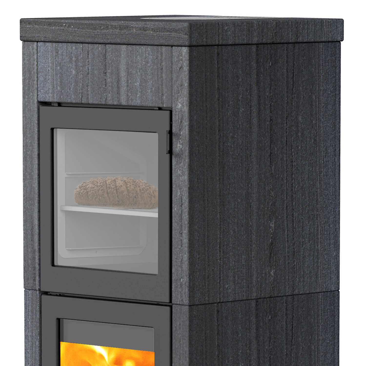 Poêle à bois Lotus QM40 Indian Night / Porte grise avec compartiment de cuisson, sortie de fumée par le haut