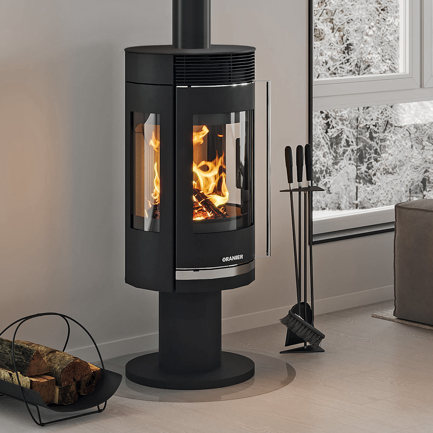 Poêle à bois Oranier Rota Twist en acier noir / Plaque supérieure en acier