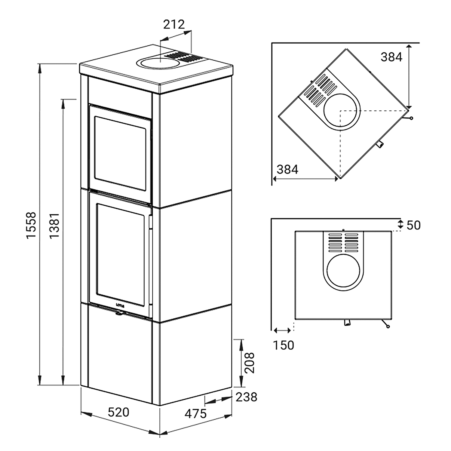 Poêle à bois Lotus QM40 Indian Night / Porte grise avec compartiment de cuisson, sortie de fumée par le haut Poêle à bois Lotus QM40 Indian Night / Porte grise avec compartiment de cuisson, sortie de fumée par le haut