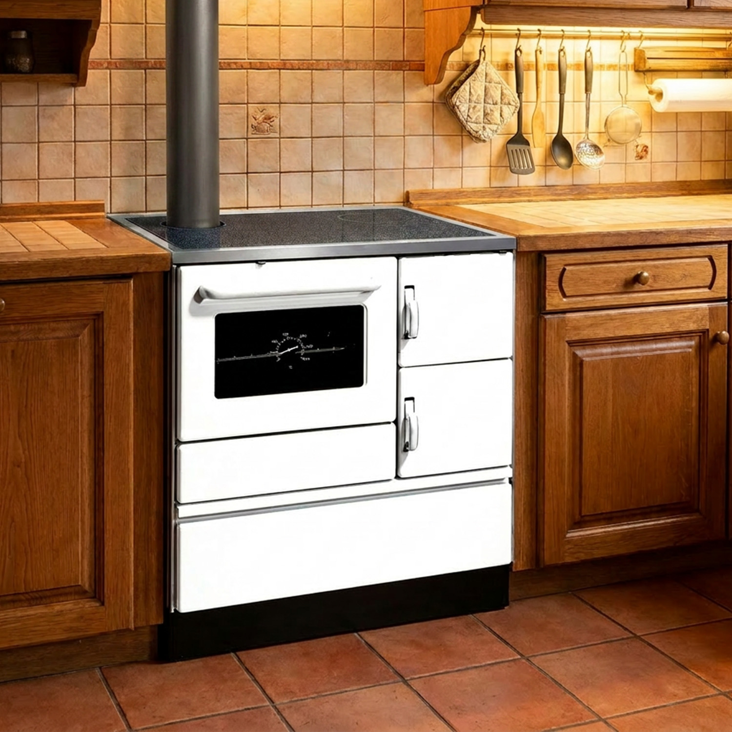 Wamsler K 128 Cuisinière à bois à gauche blanc avec plaque vitrocéramique raccordement par le haut