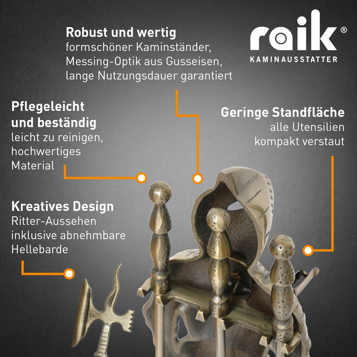 Ensemble d'outils de cheminée Chevalier Kunibert, 4 pièces, 73,5 cm