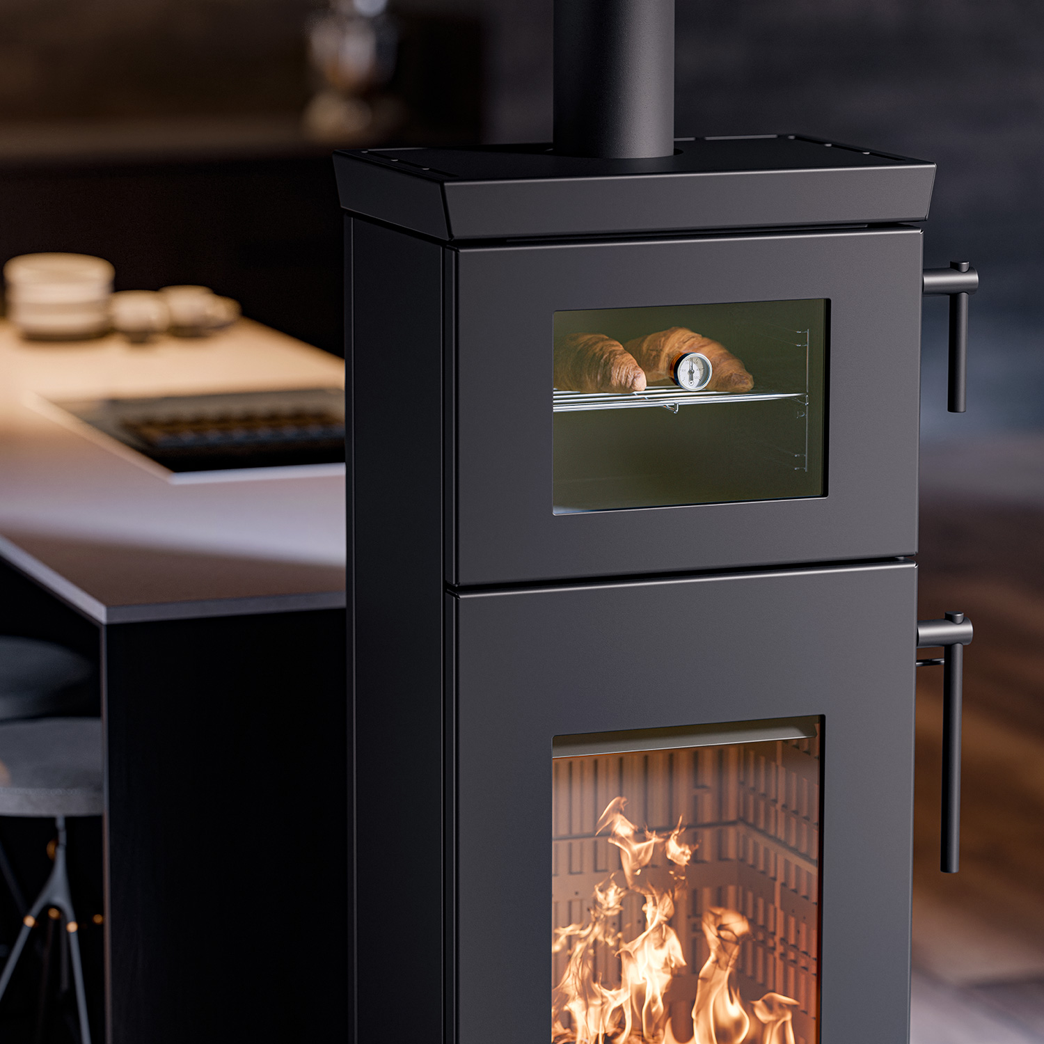 Thermorossi poêle à bois Zen O Evo6 avec compartiment four et compartiment range-bûches noir mat