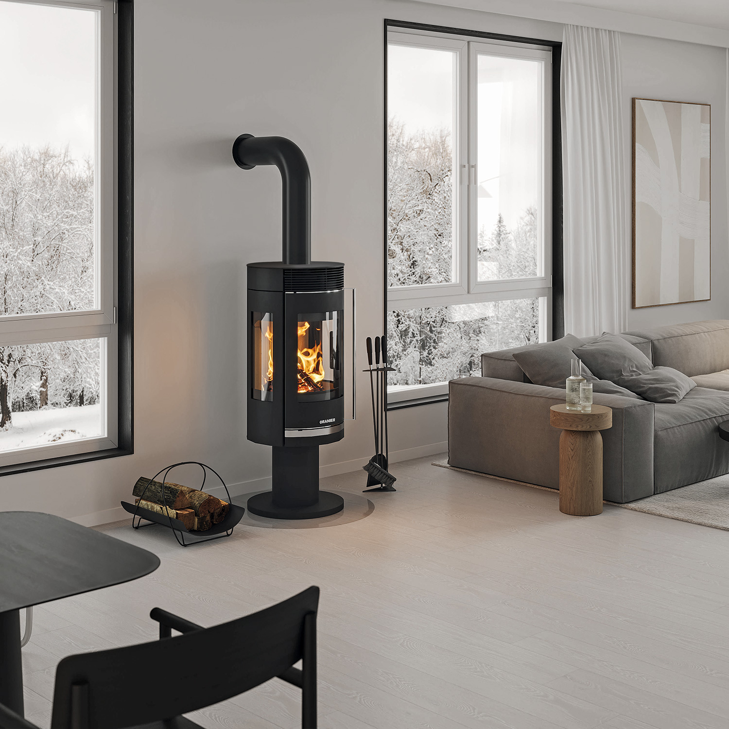 Poêle à bois Oranier Rota Twist en acier noir / Plaque supérieure en acier