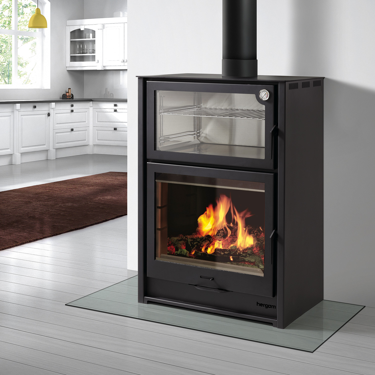 Poêle à bois Hergom Arce en acier noir avec compartiment de cuisson Poêle à bois Hergom Arce en acier noir avec compartiment de cuisson