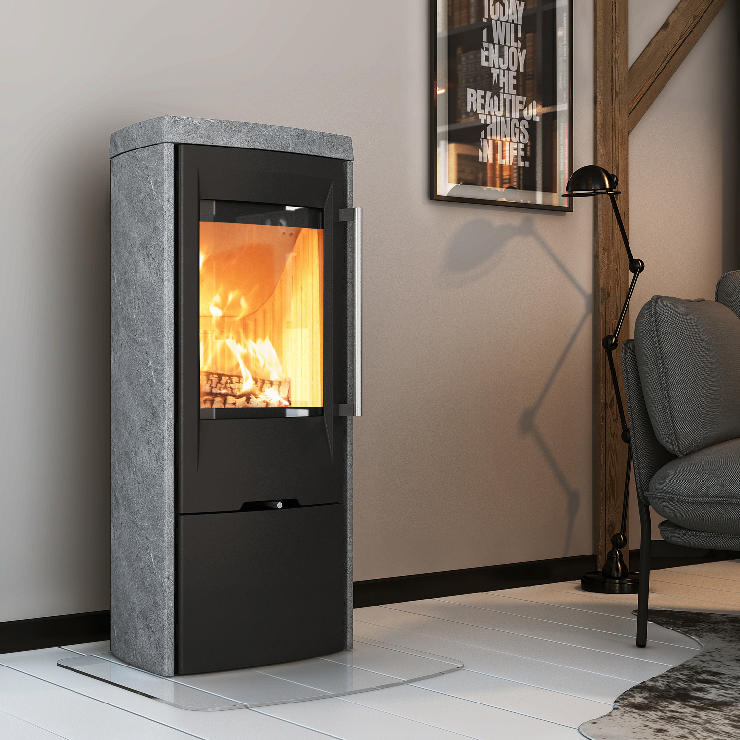 TermaTech TT30S Poêle à bois Acier Noir/Pierre ollaire, Tuyau de fumée arrière
