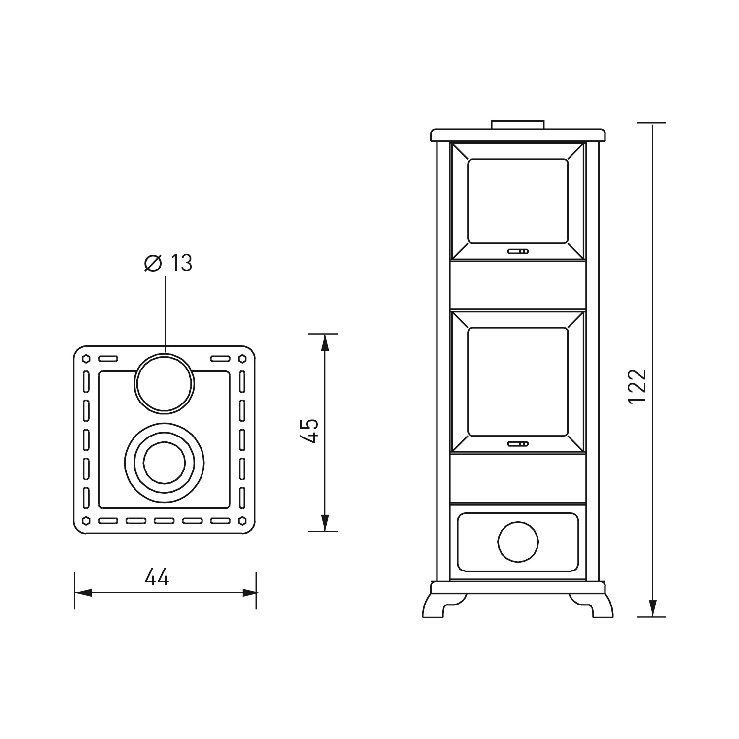 Poêle à bois EK63 Decor C en céramique gris colombe avec conduit de fumée supérieur
