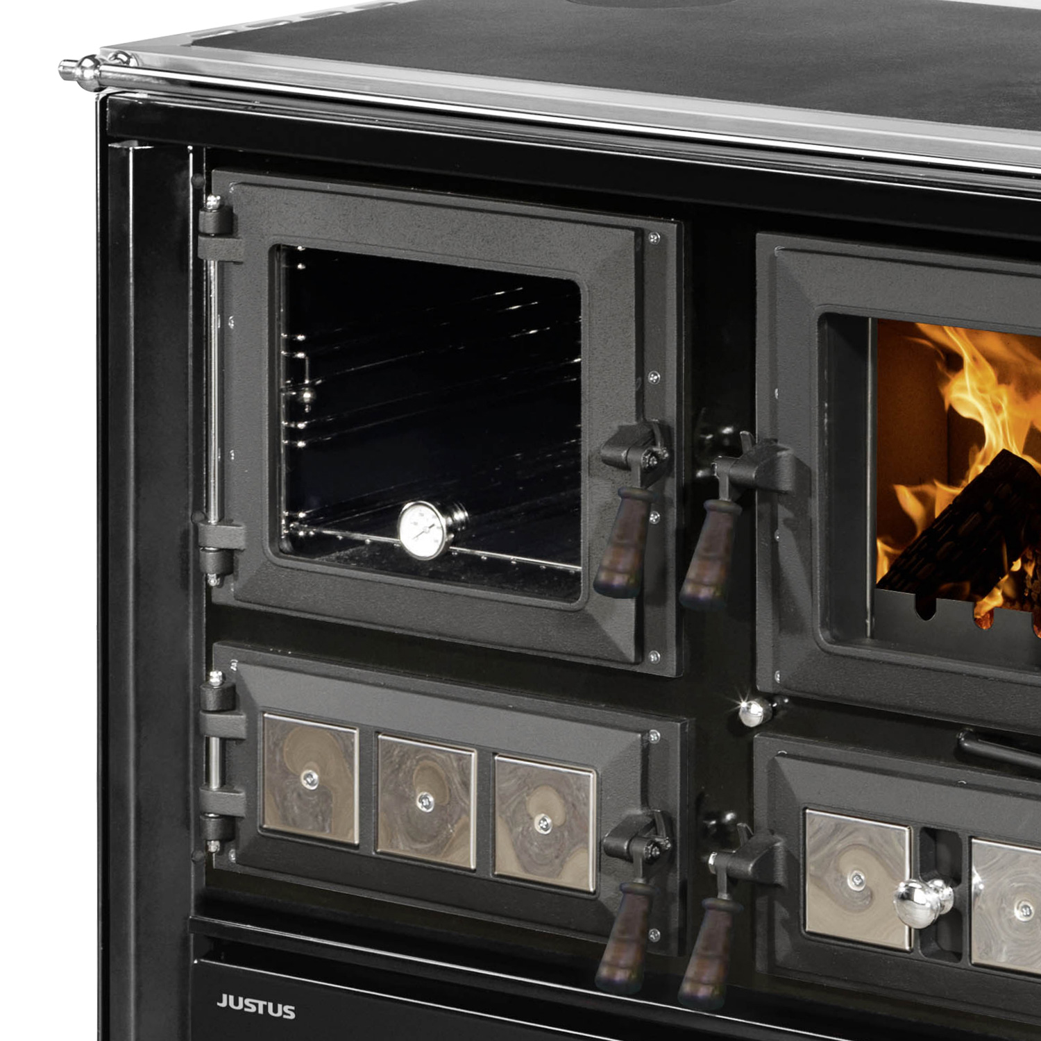 Justus Rustico-90 2.0 poêle de cuisine en acier noir, compartiment de cuisson à gauche
