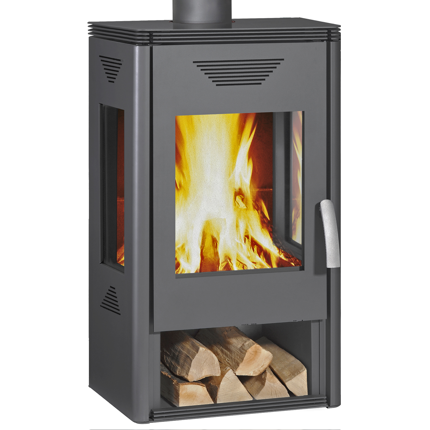 Wamsler Trion H poêle à bois en acier gris avec compartiment de rangement pour le bois