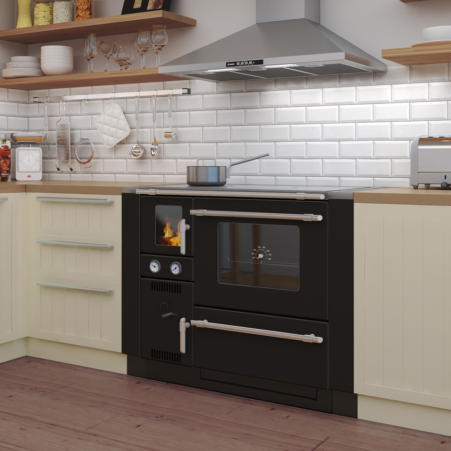 Wamsler K 148 Poêle de cuisine à eau Noir/Mat, Tuyau de fumée à droite