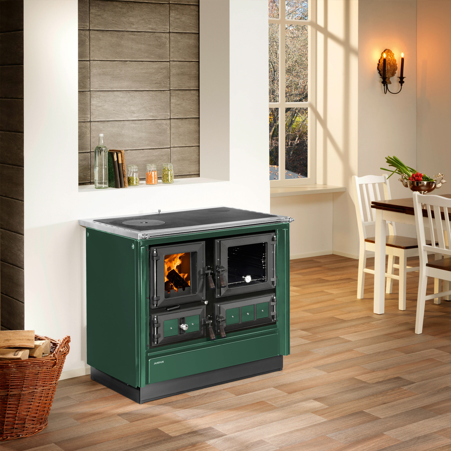Justus Rustico-90 2.0 Poêle à bois en acier vert, four à droite