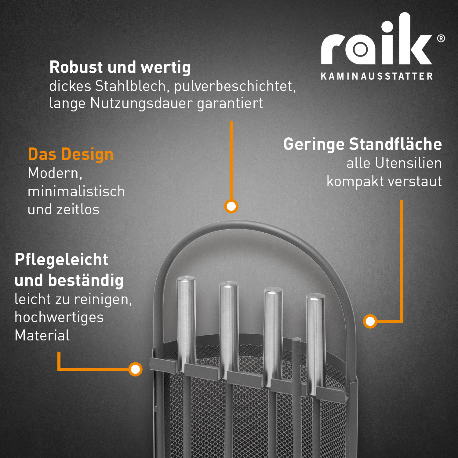 Ensemble d'accessoires pour cheminée Raik Arthur, 4 pièces, anthracite, poignées en acier inoxydable, 66 cm