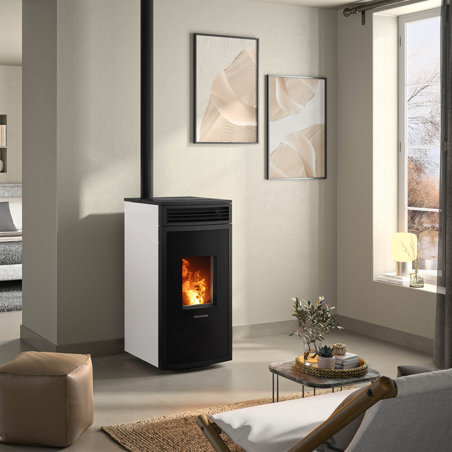 Oranier poêle à bois Neta blanc soie raccordement dessus