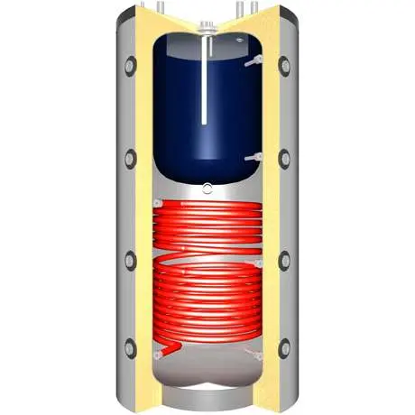 Réservoir tampon avec vessie d'eau sanitaire intégrée et échangeur de chaleur en spirale.