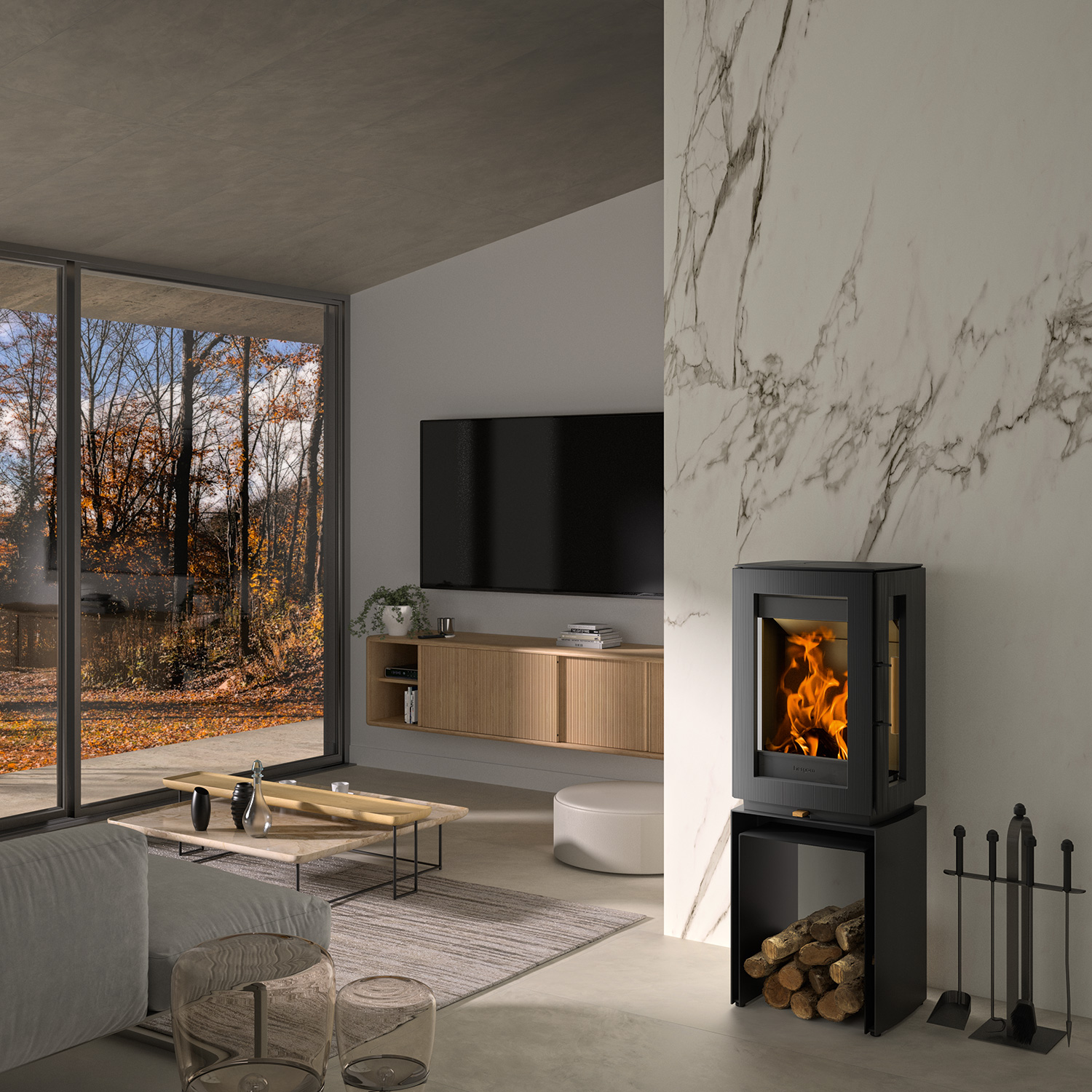 Poêle à bois Hergom Glow en fonte noire avec rehausse de banc