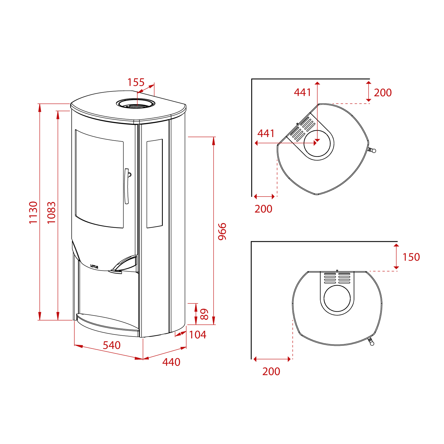 Lotus Prio 6 Kaminofen Schwarz/ Speckstein / Seitenglas, RR hinten od. RR oben