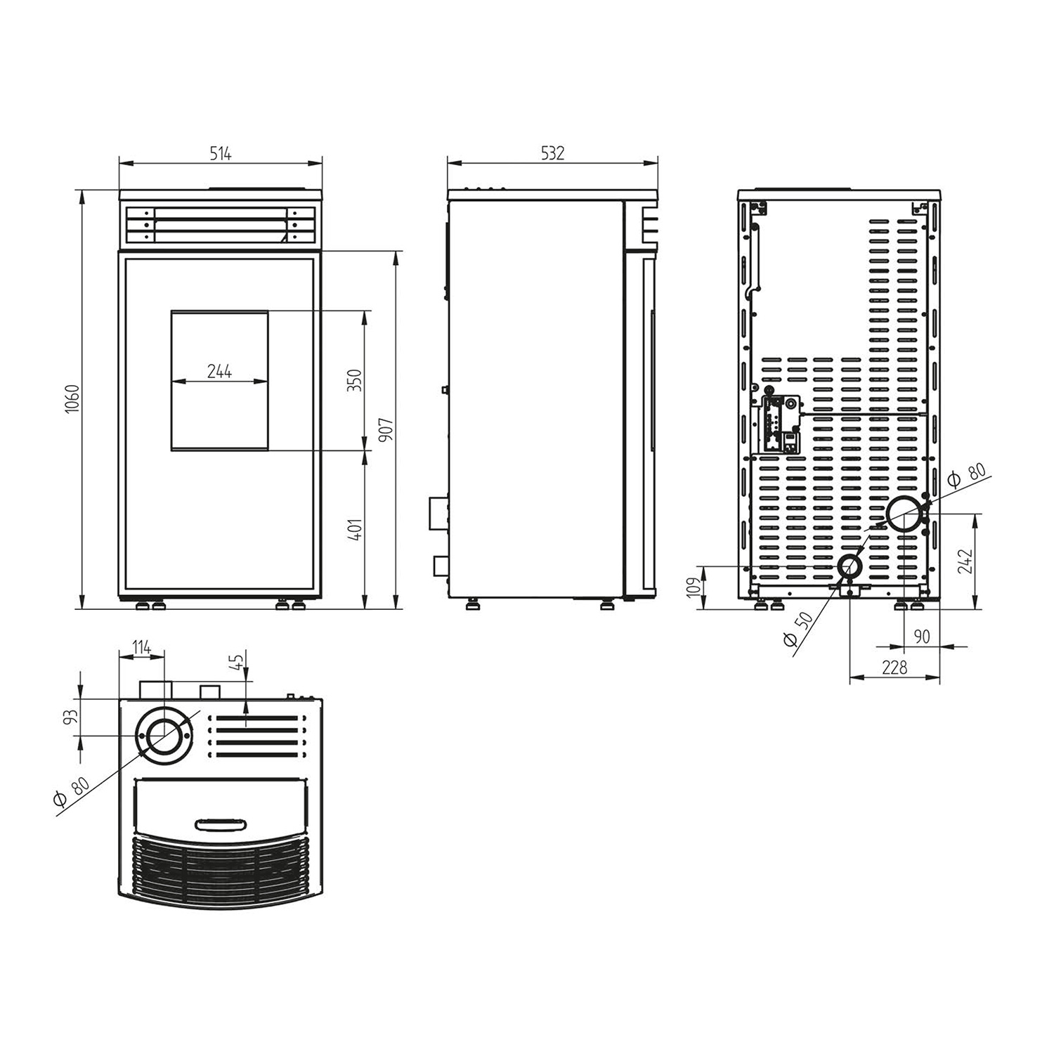 Oranier poêle à bois Neta acier noir raccordement tuyaux en haut
