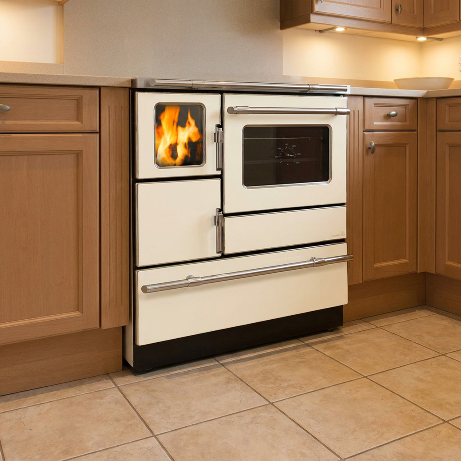 Wamsler K 128 F Cuisinière à bois à droite crème beige avec plaque en acier