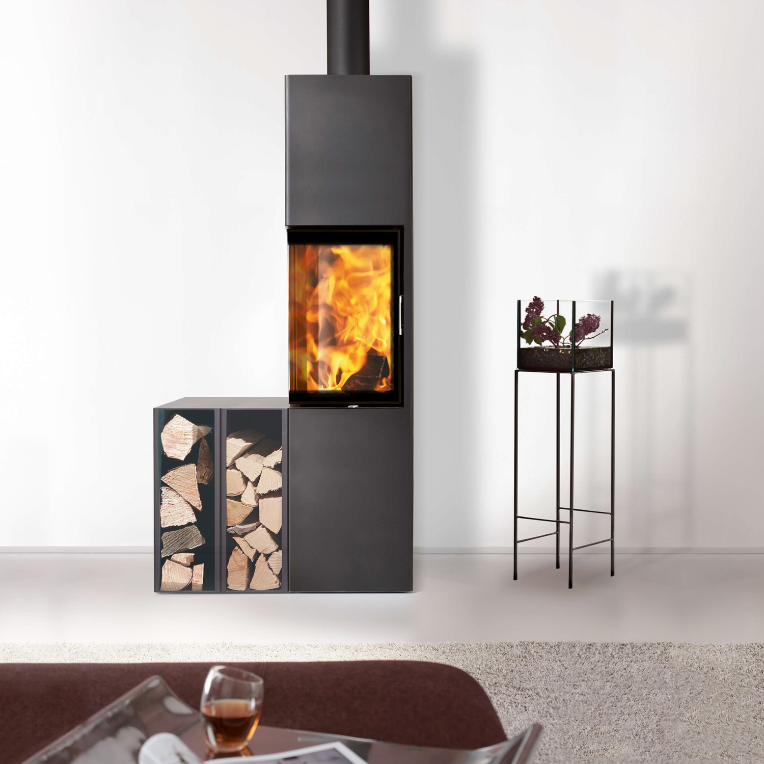 Austroflamm Slim 2.0 poêle à bois en acier gris fonte, ouverture de porte à gauche, raccordement supérieur ou arrière