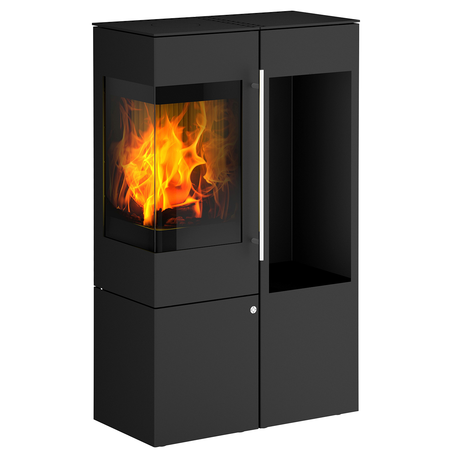Olsberg Ipala Smart Compact poêle à bois en acier noir, charnière de porte à gauche, porte en acier avec étagère en bois à droite