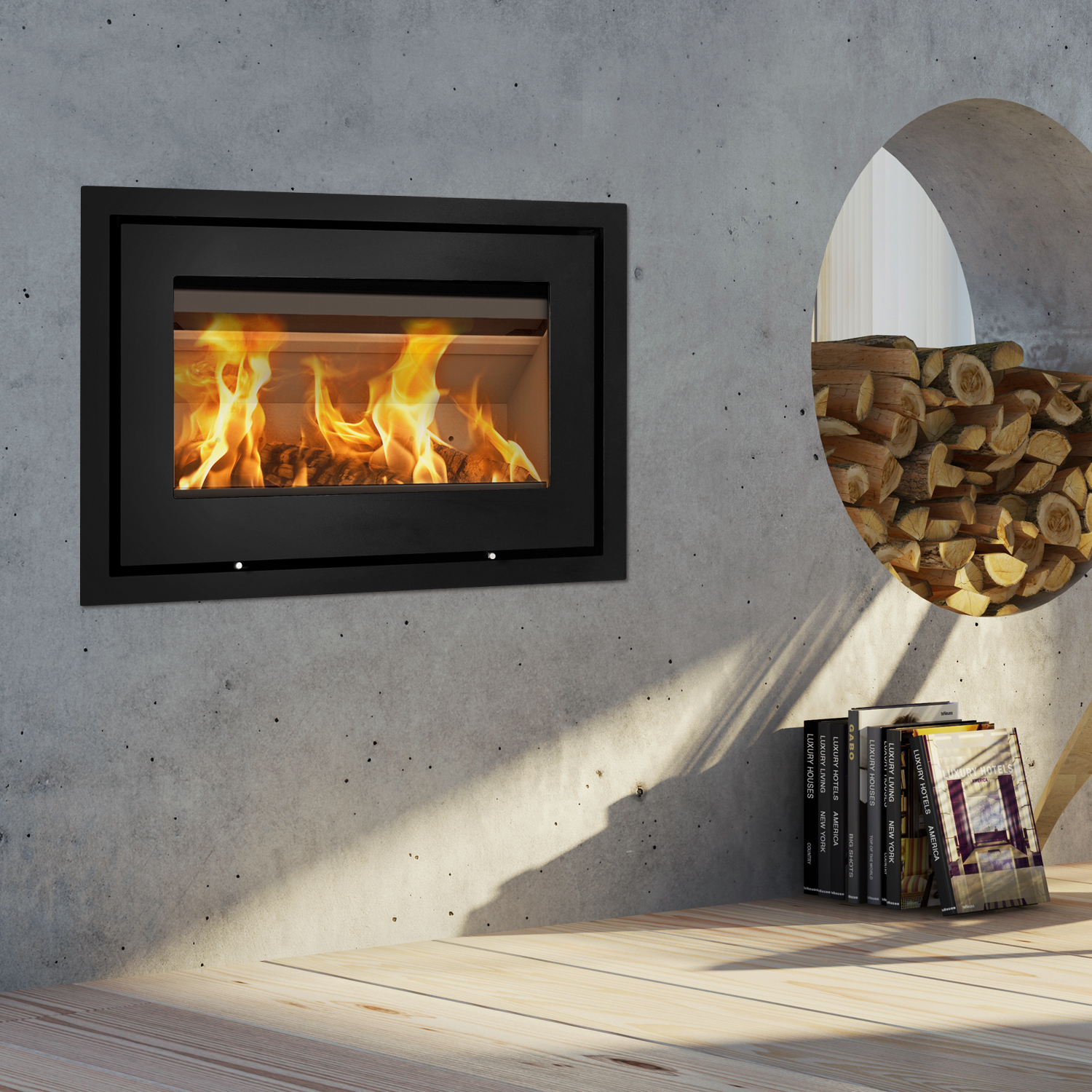 Lotus H470 insert de cheminée à bois noir / charnières à gauche