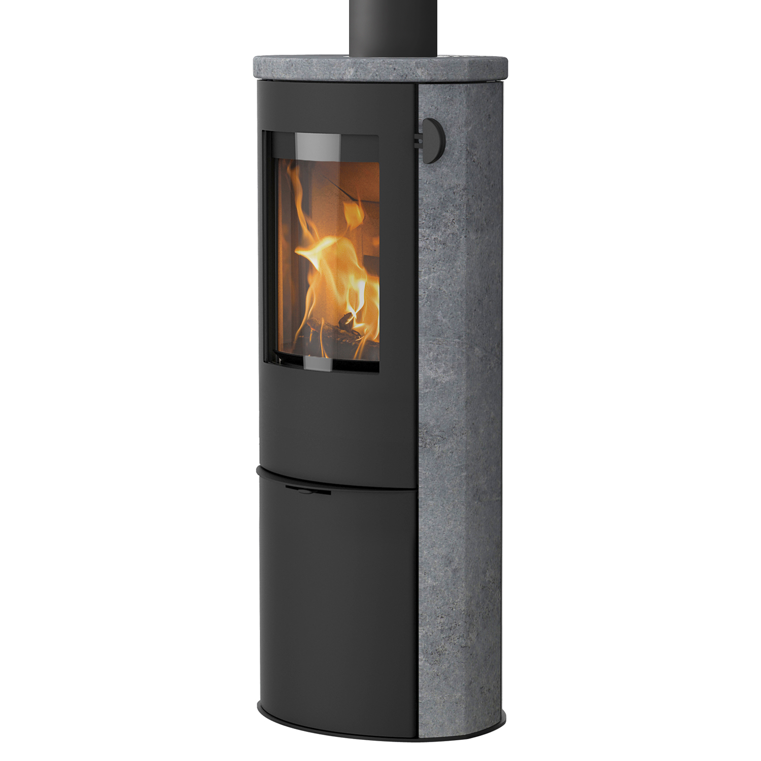 Poêle à bois Lotus Liva 6S en pierre ollaire, porte noire, évacuation des fumées par le haut