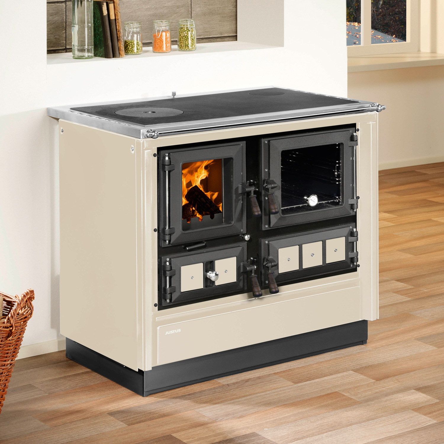 Justus Rustico-90 2.0 Poêle de cuisine en acier crème, compartiment de cuisson à droite Justus Rustico-90 2.0 Poêle de cuisine en acier crème, compartiment de cuisson à droite