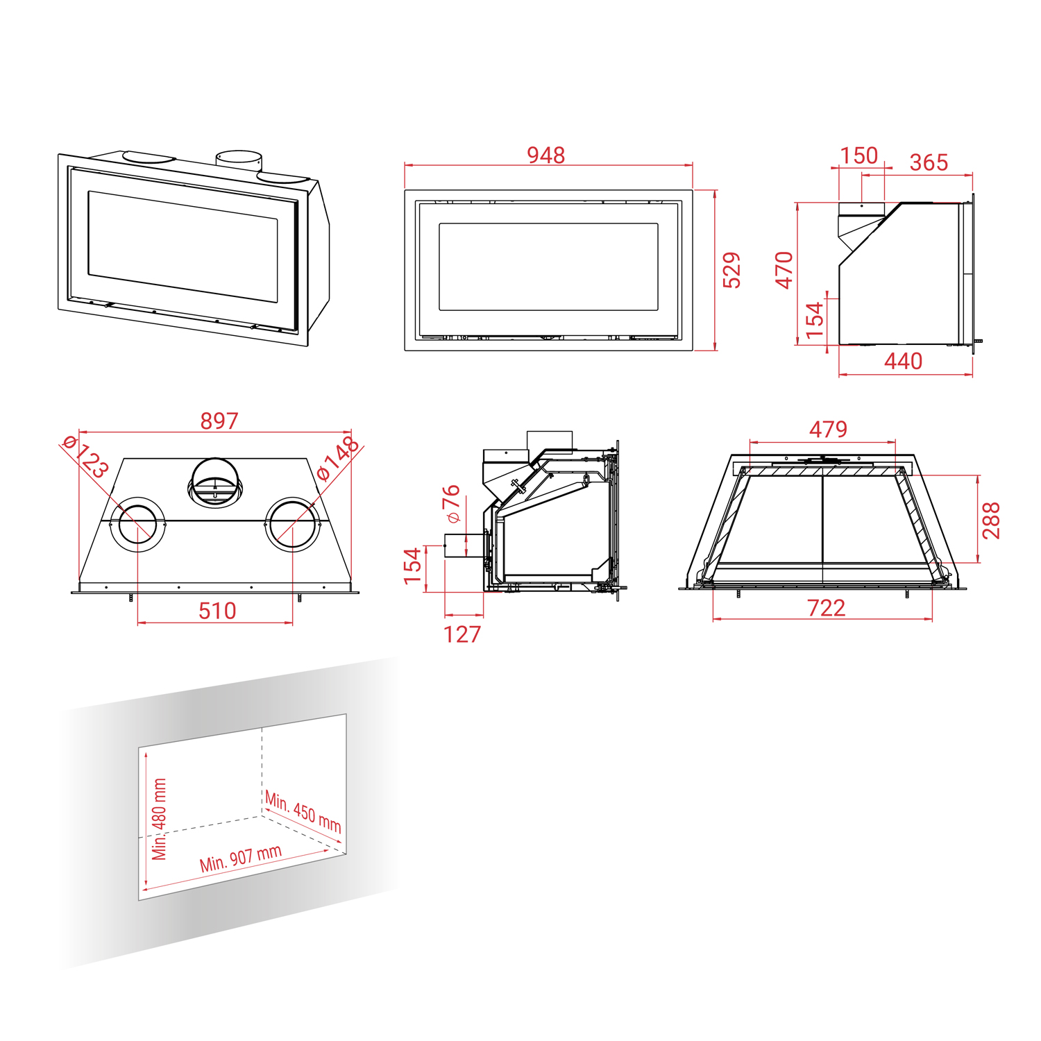 Lotus H470 W Insert de cheminée Black Magic / Charnières à gauche