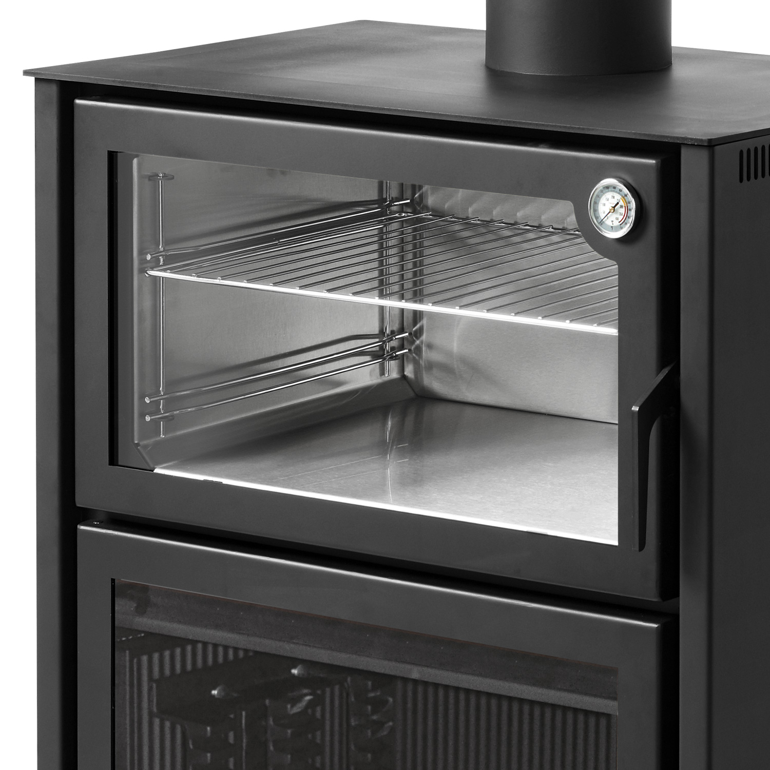 Poêle à bois Hergom Arce en acier noir avec compartiment de cuisson