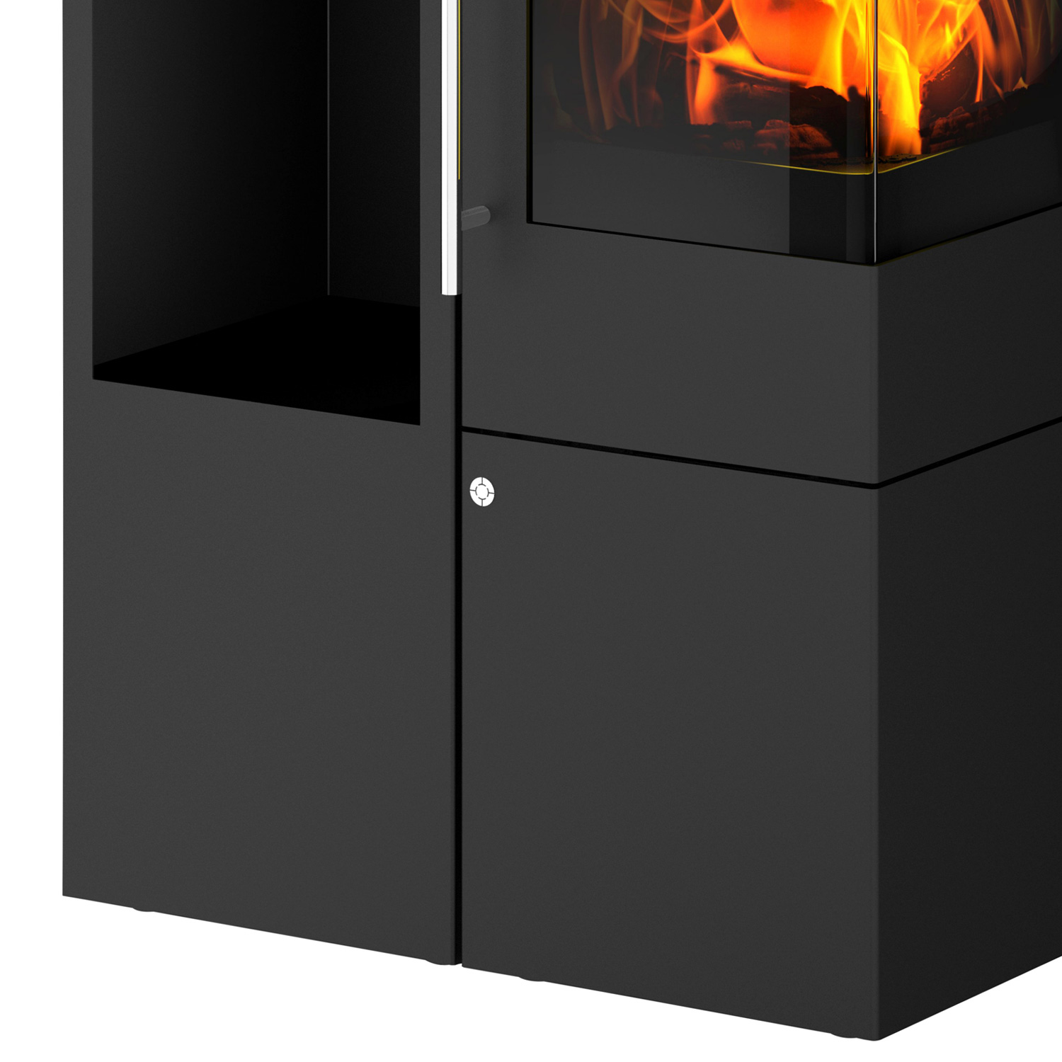 Olsberg Ipala Smart Compact poêle à bois en acier noir, ouverture de porte à droite, porte en acier avec étagère en bois à gauche