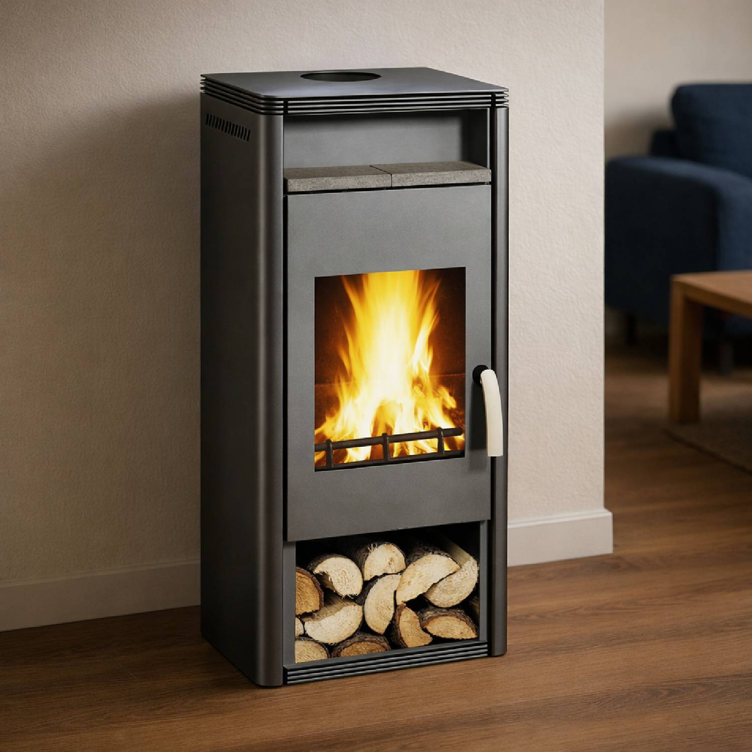 Wamsler poêle à bois « Fulgor » gris avec compartiment de maintien au chaud