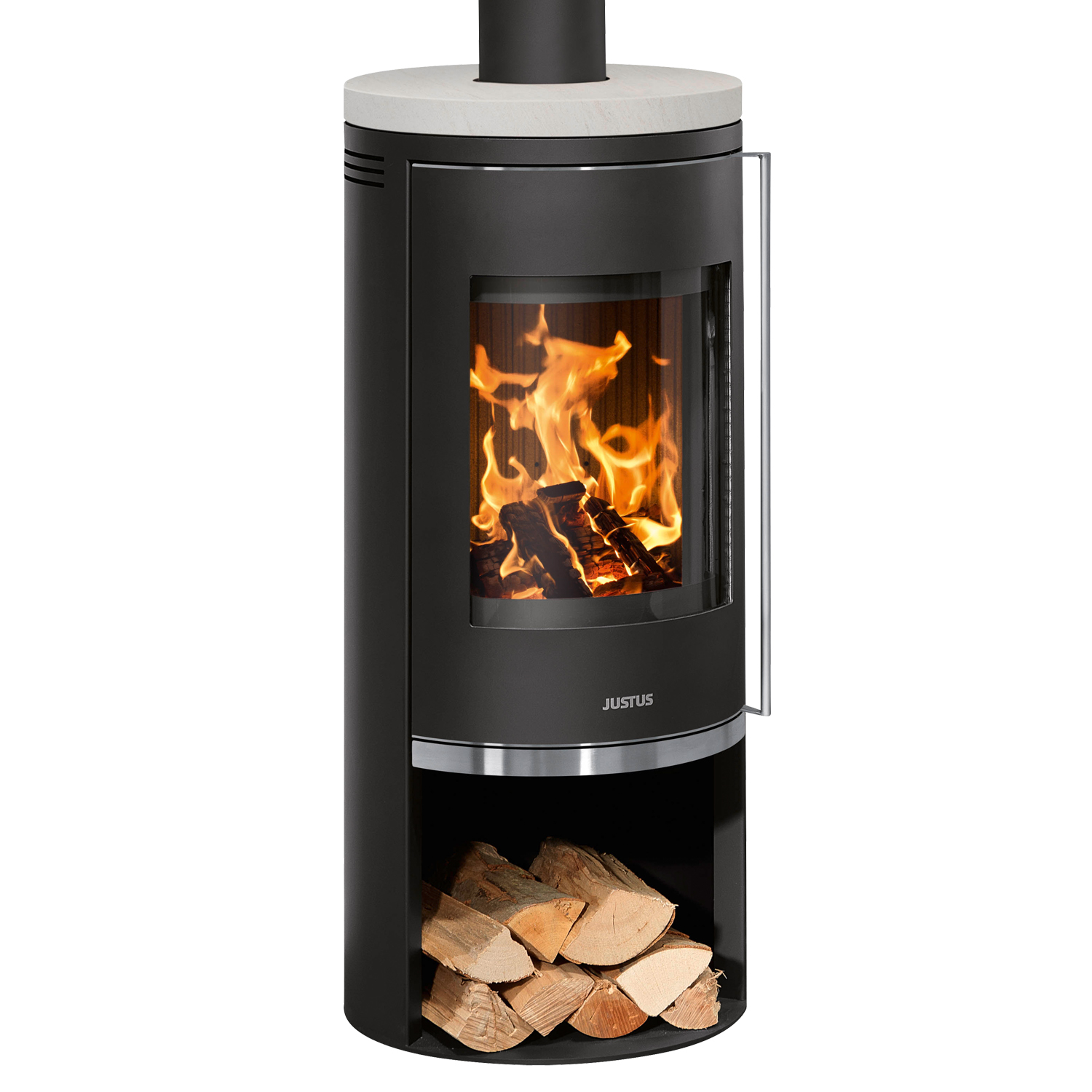 Justus Faro 2.0 Poêle à bois en acier noir avec plaque de recouvrement en pierre calcaire crème.