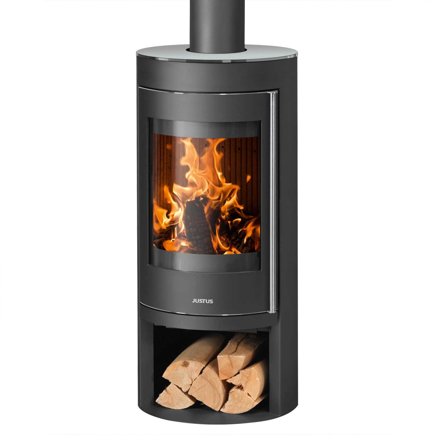 Justus Mino 2.0 Poêle à bois en acier noir avec plaque de recouvrement en verre