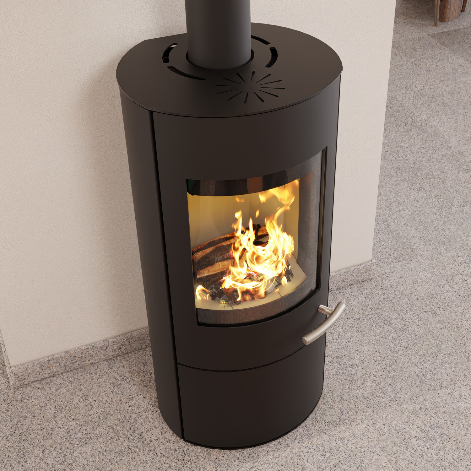 Haas+Sohn SOLIDO acier poêle à bois avec plaque de cuisson avec compartiment range-bûches et porte noir profond