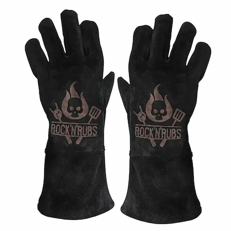 Paar schwarzer hitzebeständiger Handschuhe mit Schriftzug Paar schwarzer hitzebeständiger Handschuhe mit Schriftzug