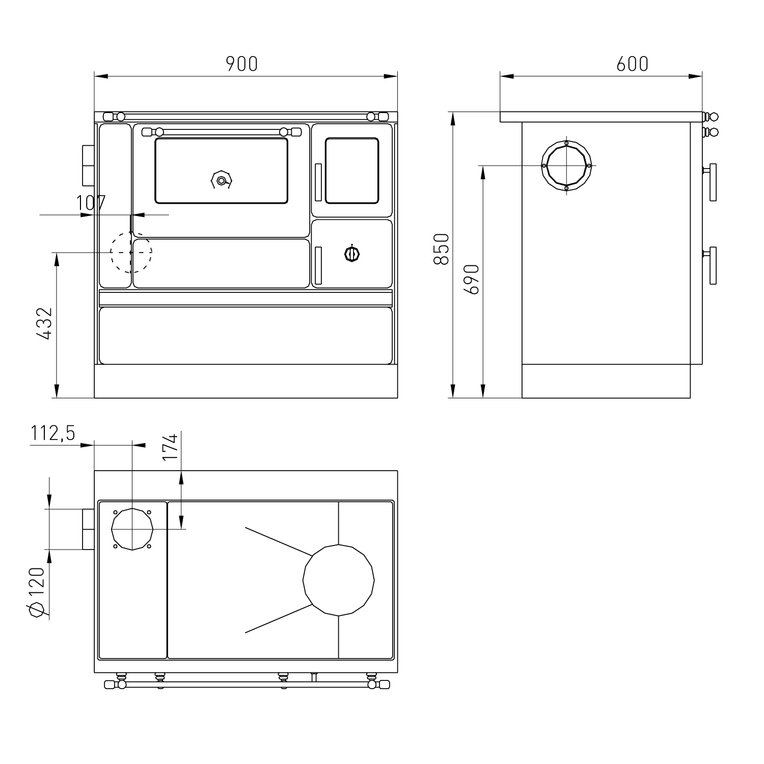 Wamsler K 176 F/A 90 Cuisinière à bois Noir, Plaque vitrocéramique, Four à gauche