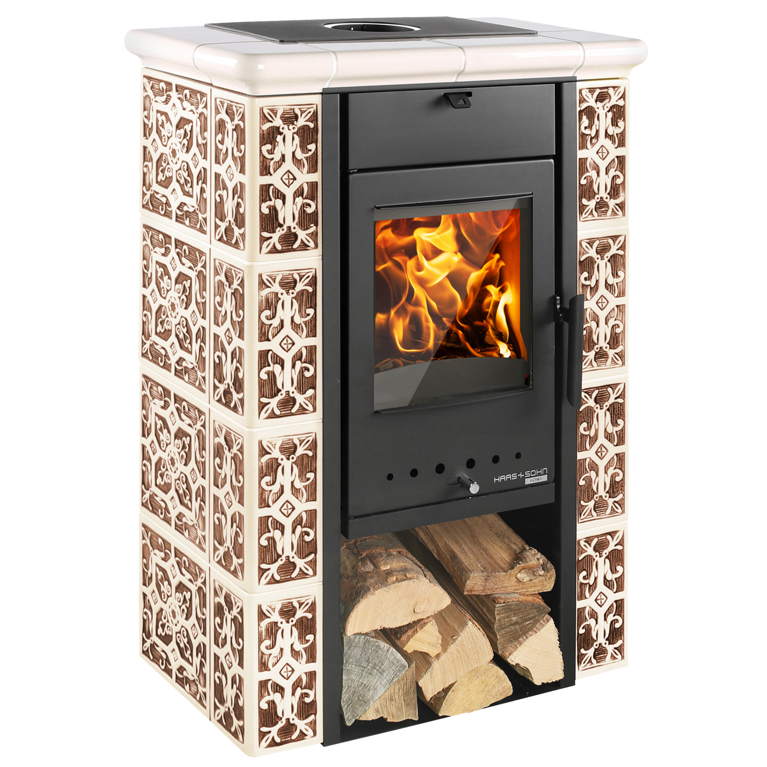 Haas+Sohn Tirol Poêle à bois Noir perle / Marron-blanc