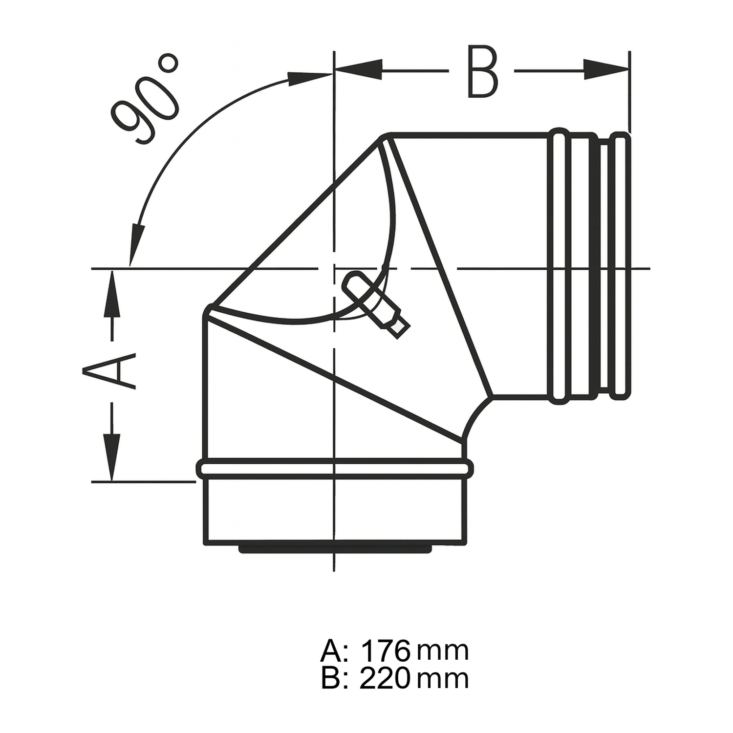 Schiedel ICS coude 90° Ø180 mm avec ouverture de nettoyage plat pour combustibles solides double paroi brillant