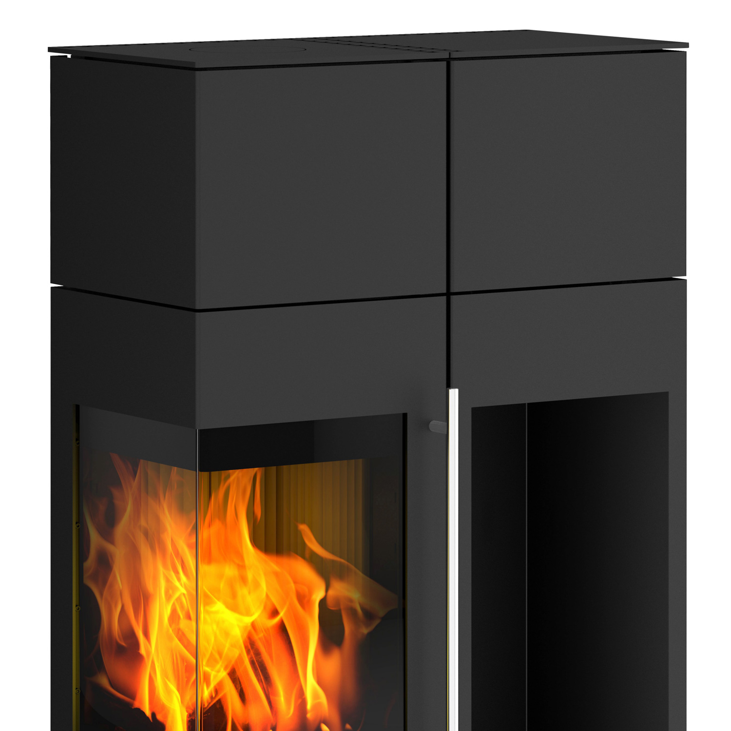 Olsberg Ipala Smart Compact poêle à bois avec ouverture de porte à gauche, étagère en bois et module PowerBloc! inclus.