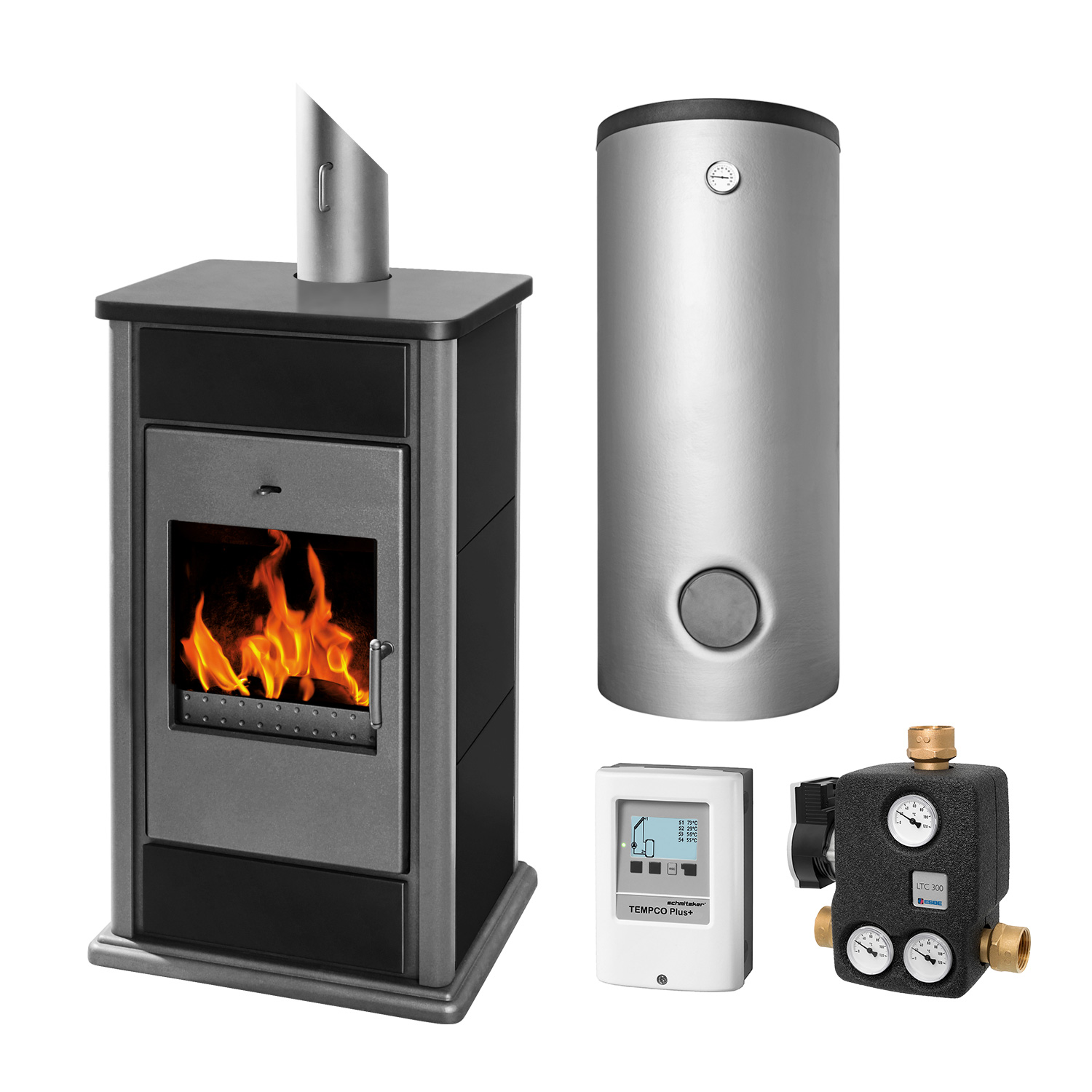 Schmitzker Alicante poêle à bois avec conduit d'eau Anthracite Base - Ensemble complet avec réservoir tampon de 600L, y compris l'isolation + 1 SWT