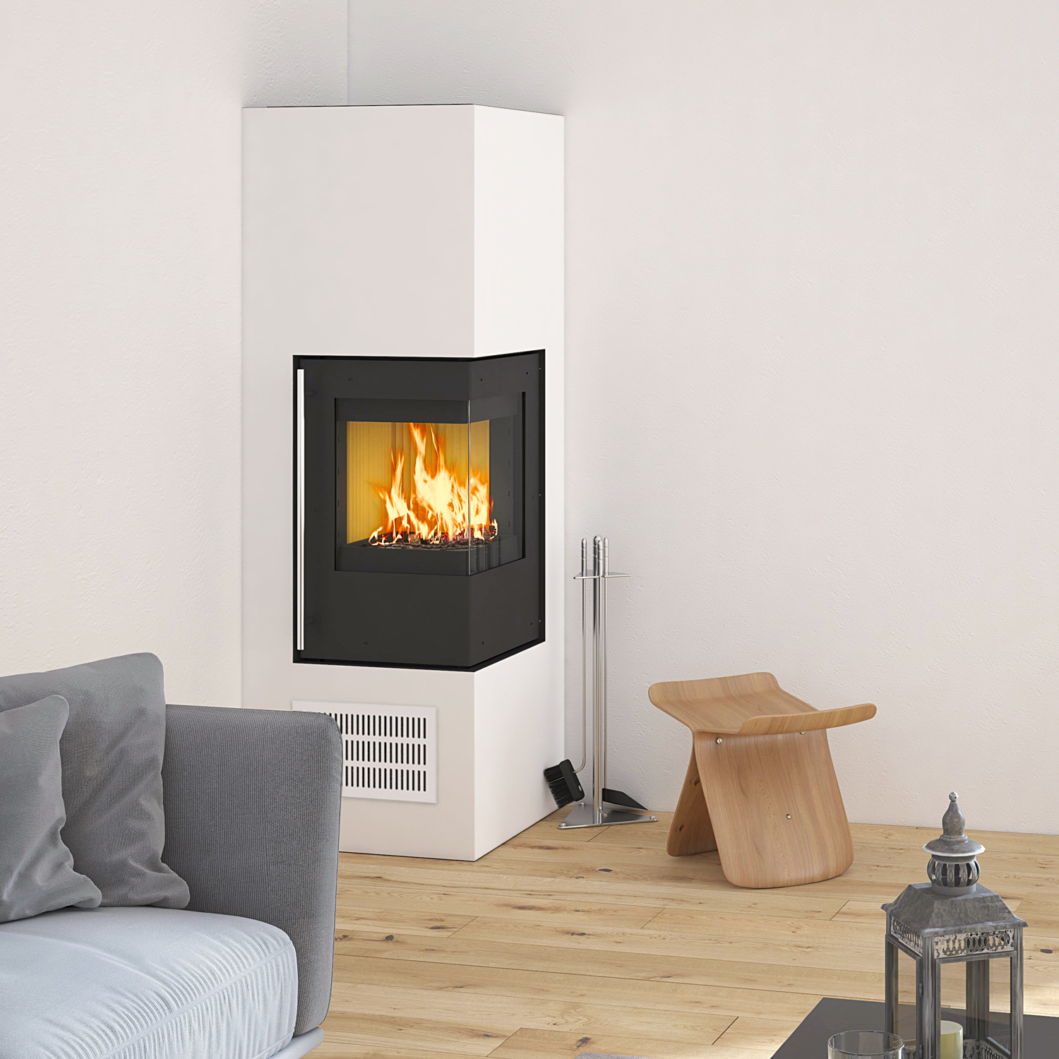 Olsberg Aracar Compact poêle à bois avec ouverture de porte à droite, cadre de finition de 3 mm, grille d'entrée d'air en acier blanc.