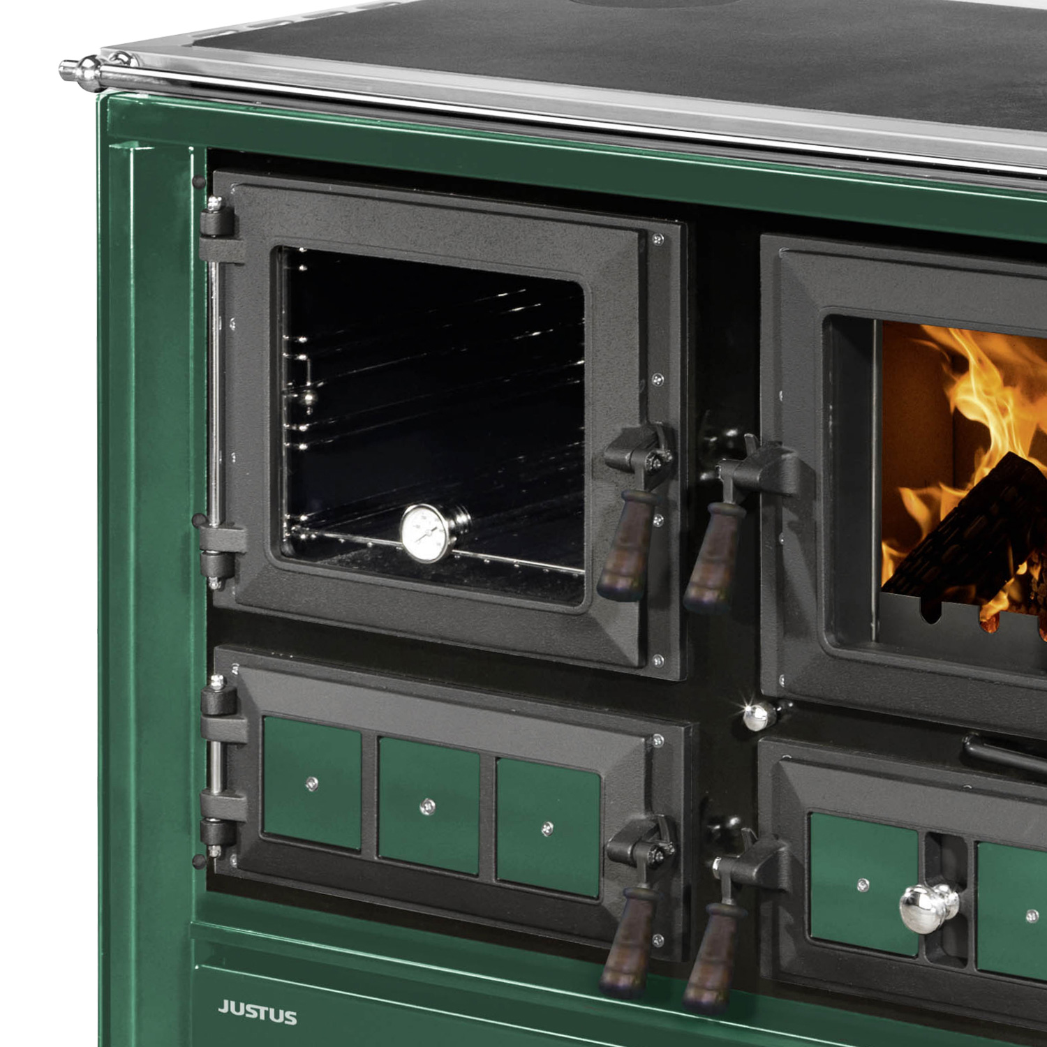 Justus Rustico-90 2.0 Cuisinière à bois en acier vert, four à gauche
