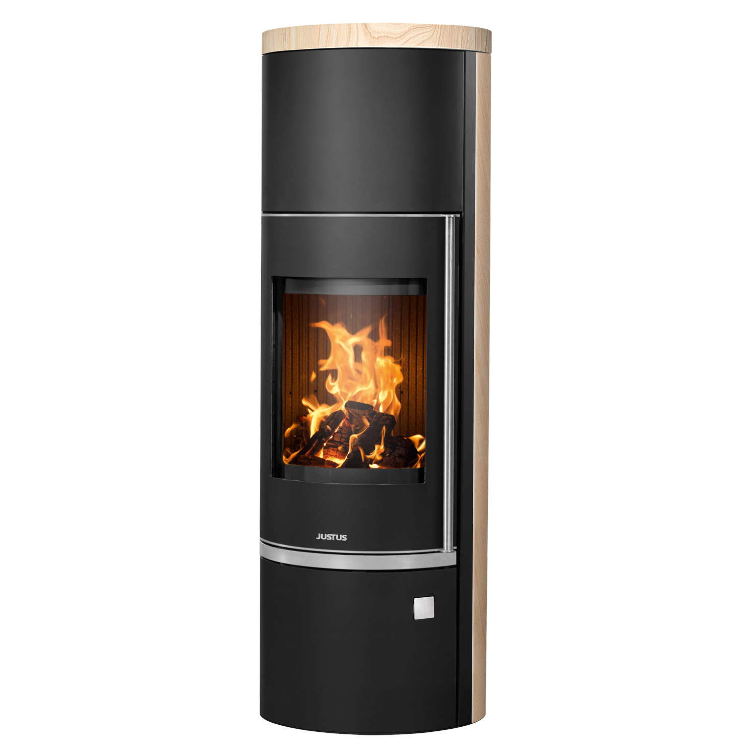 Justus Faro W+ 2.0 Poêle à bois en acier noir avec revêtement en pierre de sable.