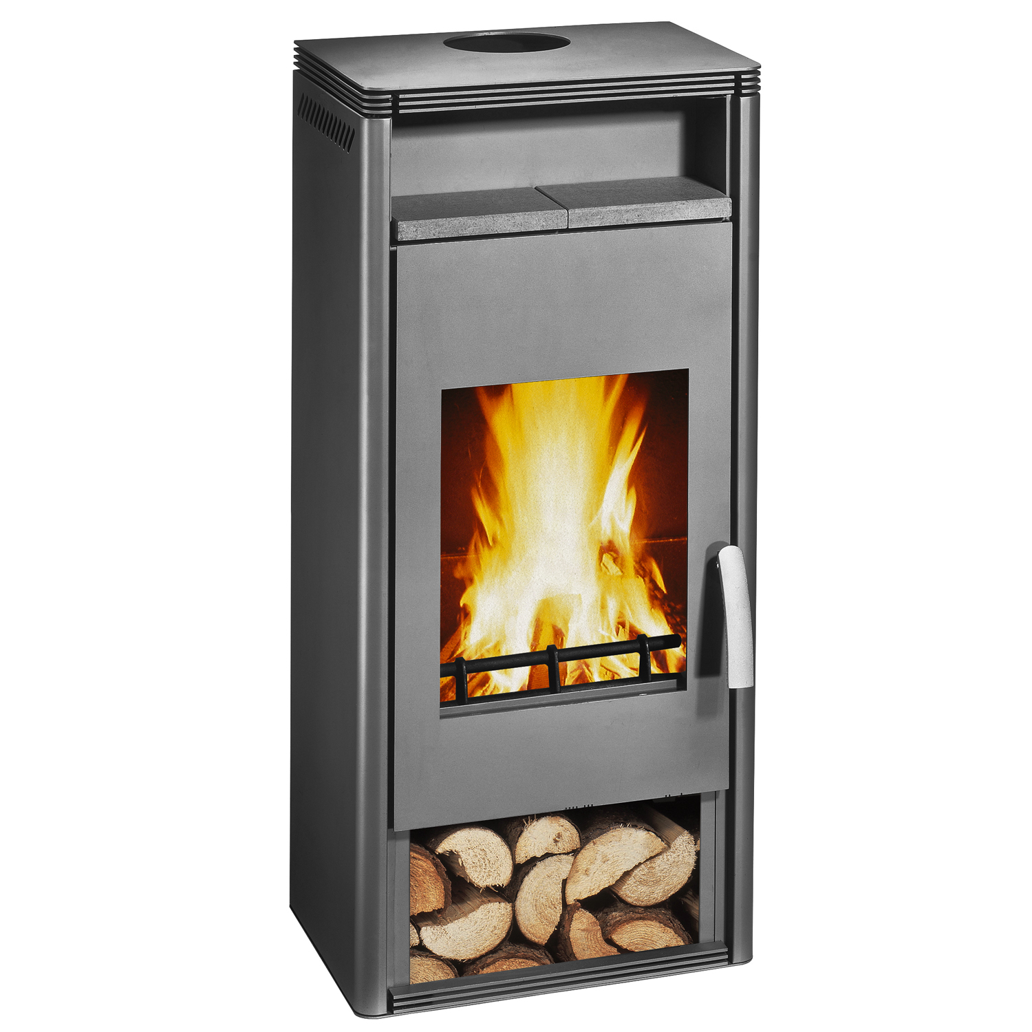 Poêle à bois Wamsler Orpheus avec compartiment de maintien au chaud en acier gris 8 kW