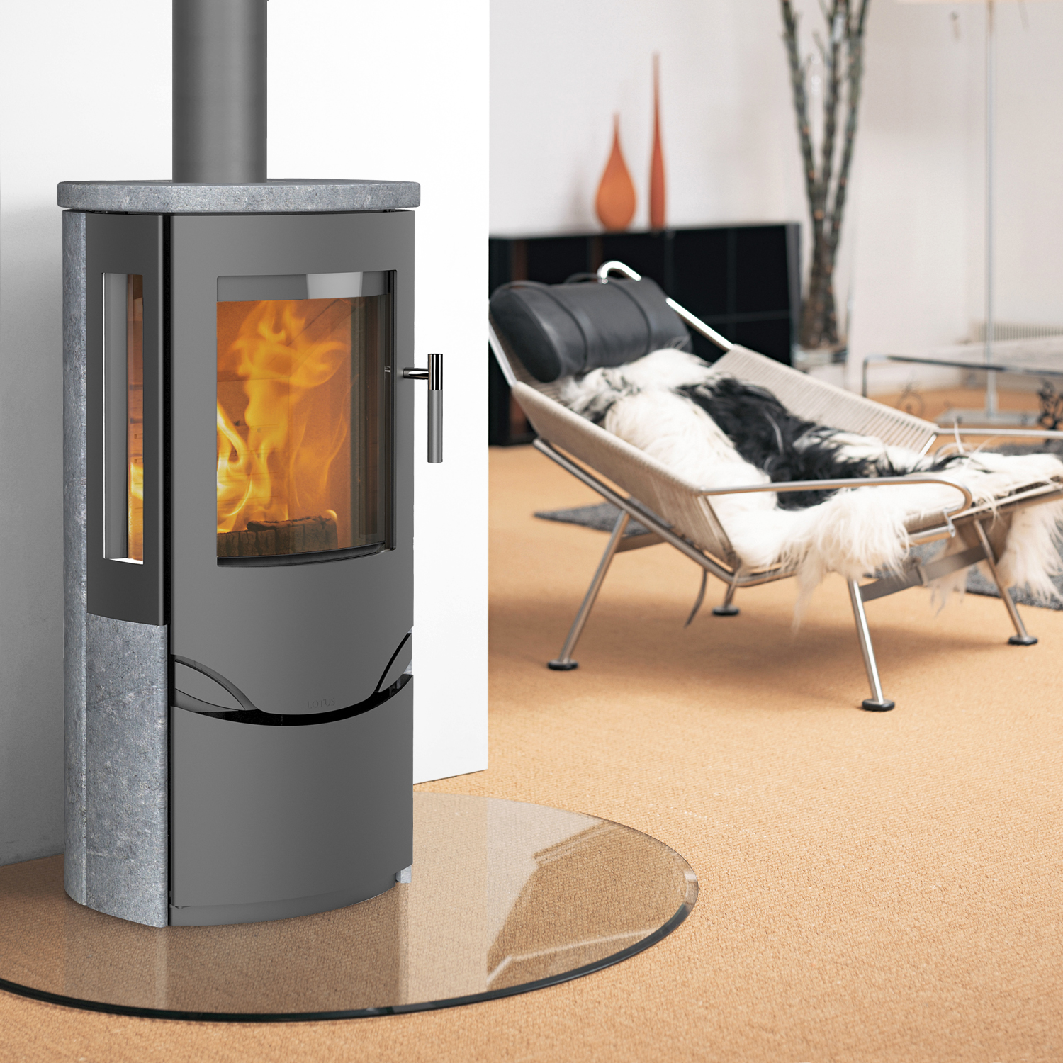 Lotus Prio 6 Poêle à bois Gris/ Pierre ollaire / Verre latéral, RR arrière ou RR supérieur