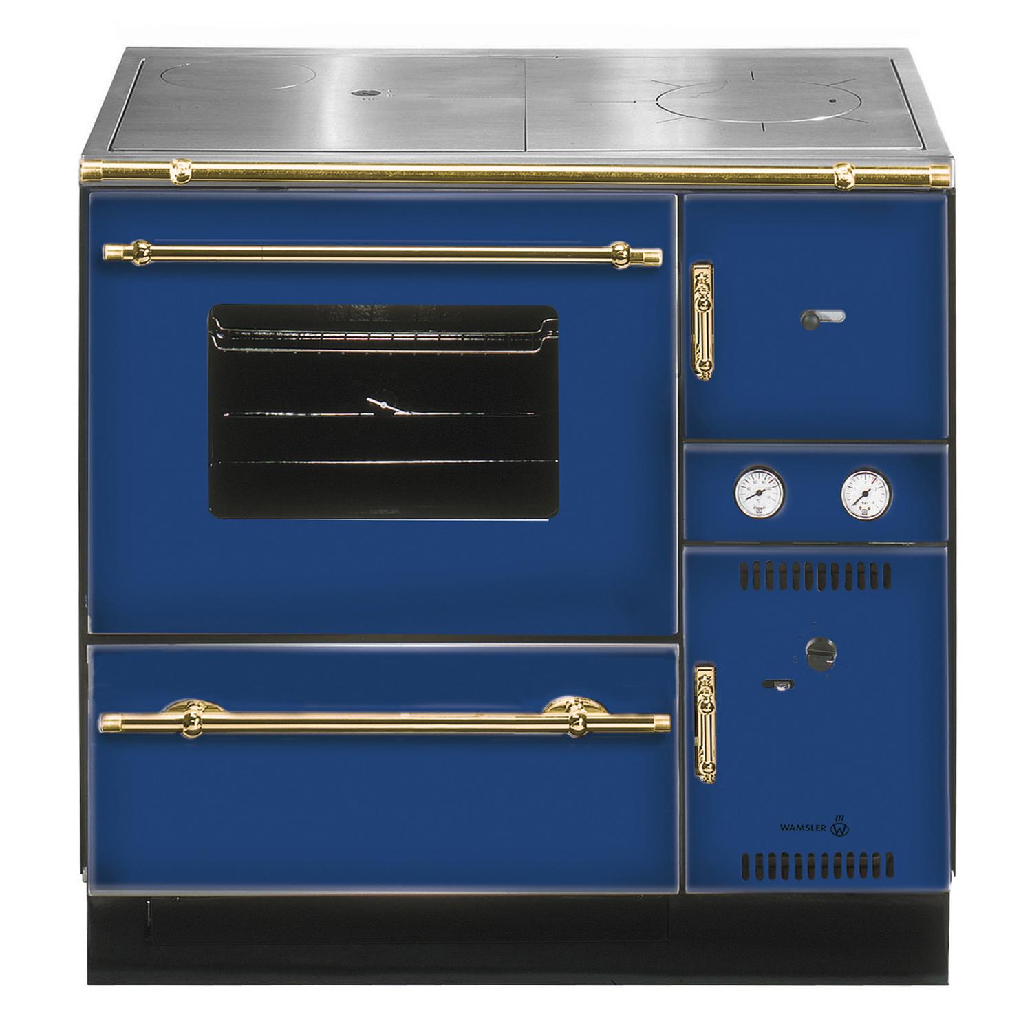 Wamsler K 148 CL cuisinière à bois avec échangeur d'eau Bleu / Or, conduit de fumée à gauche